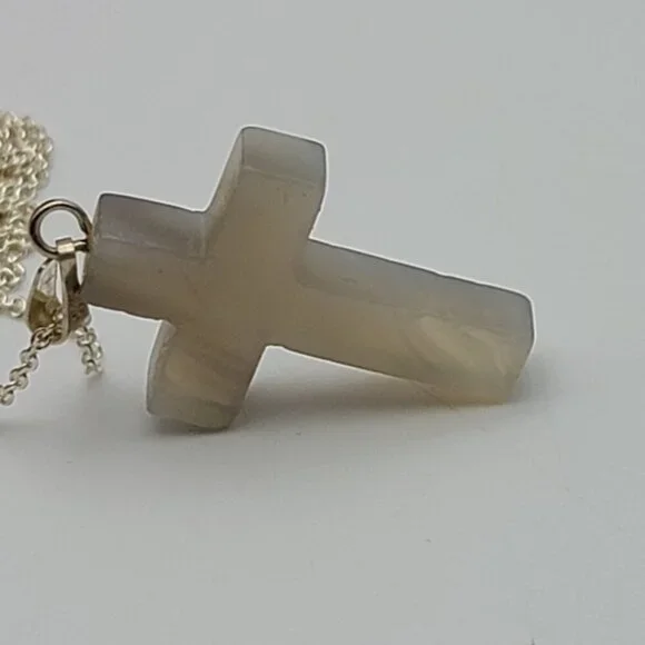 Vtg. 925 Sterling Silver Quartz Cross Pendant Necklace 18" Spring Ring Religious - Picture 5 of 8